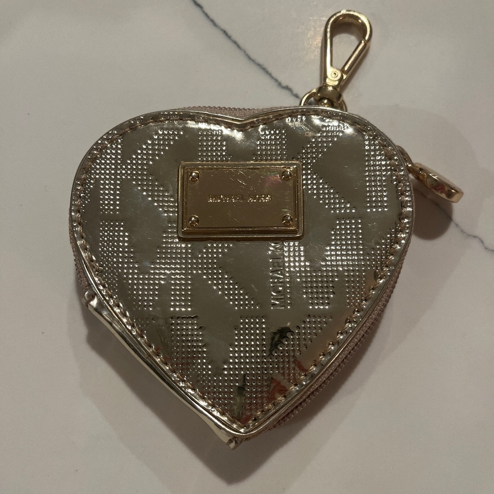 Michael Kors Gold Metallic Heart Shaped Clip On Coin Purse